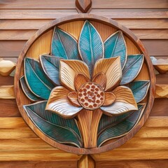 flower on wooden background.a charming wooden wall decor piece featuring a tropical flower as the focal point, evoking the enchanting allure of tropical gardens. The composition incorporates natural w - obrazy, fototapety, plakaty