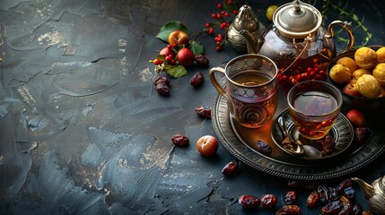 Obraz na płótnie Canvas Traditional Ramadan Delights: Tea and Dates on Dark Background