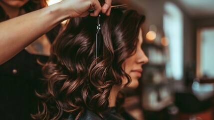 A hairdresser styling a client hair in a stylish salon