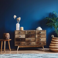 Chest of drawers in living room interior, dark blue wall mock up background