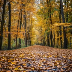 A  beautiful park with a long path covered with fallen leaves - obrazy, fototapety, plakaty
