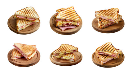 Collection toasted sandwich with ham and melted cheese on wooden board isolated on a transparent background, PNG