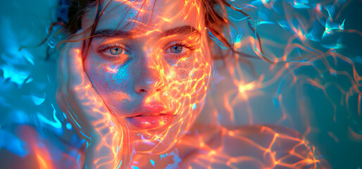 A woman's face is reflected in the water, creating a surreal and dreamy atmosphere. The water is a mix of blue and orange, giving the image a vibrant and ethereal quality