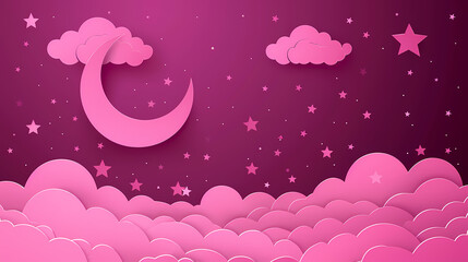 night sky with stars and moon. paper art style. Dreamy background with moon stars and clouds, abstract fantasy background. Half moon, stars and clouds on the dark night sky background