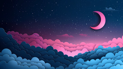 night sky with stars and moon. paper art style. Dreamy background with moon stars and clouds, abstract fantasy background. Half moon, stars and clouds on the dark night sky background - obrazy, fototapety, plakaty