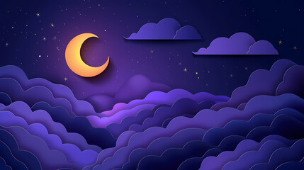 night sky with stars and moon. paper art style. Dreamy background with moon stars and clouds, abstract fantasy background. Half moon, stars and clouds on the dark night sky background - obrazy, fototapety, plakaty