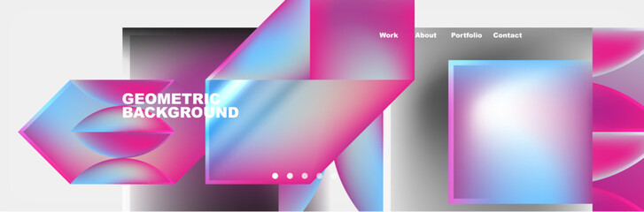 Colorful geometric shapes in shades of pink, purple, and blue on a white background. Rectangles, triangles, and varying tints create a modern and playful design