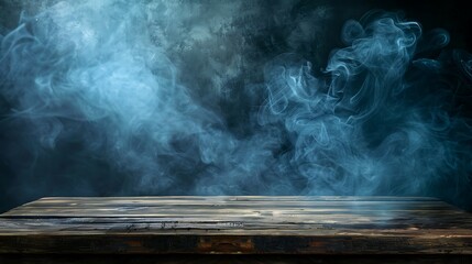 empty wooden table with smoke float up on dark background Empty Space for display your products. Generative Ai