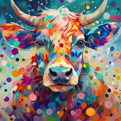 Fototapeta premium cow on a meadow. portrait of a cow. close up of a cow. a spotted cow with colorful