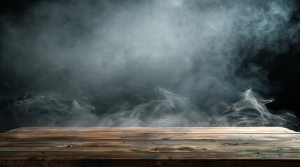 empty wooden table with smoke float up on dark background Empty Space for display your products. Generative Ai