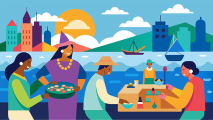Artisans display their handmade crafts ranging from colorful paintings to intricate jewelry adding to the allure of the waterfront as a hub of. Vector illustration