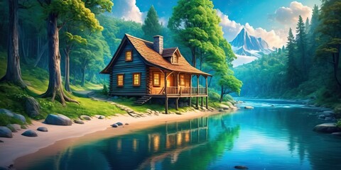 A cabin deep in the Forest with a river flowing next to it, tranquil scene
