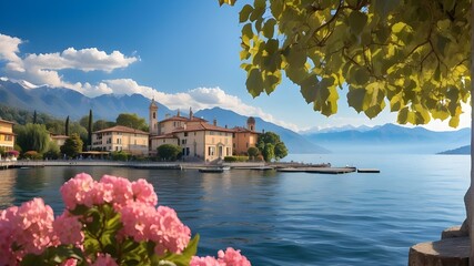 Beautiful Lago Maggiore lake. Northern Italy's lovely town of Laveno Mombello