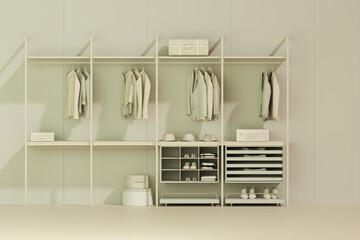 Man Clothes, shelf on white background. Collection of man clothes hanging on a rack in neutral beige colors. 3d rendering, store and bedroom concept	
