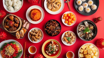 Vibrant Chinese New Year Celebration: Top-View of Delectable Chinese Cuisine on Red Table"