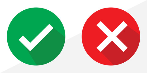 Obraz premium Green check mark and red cross mark in circle. Vector illustration. Isolated on white background in eps 10.