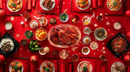 Vibrant Chinese New Year Celebration: Top-View of Delectable Chinese Cuisine on Red Table"