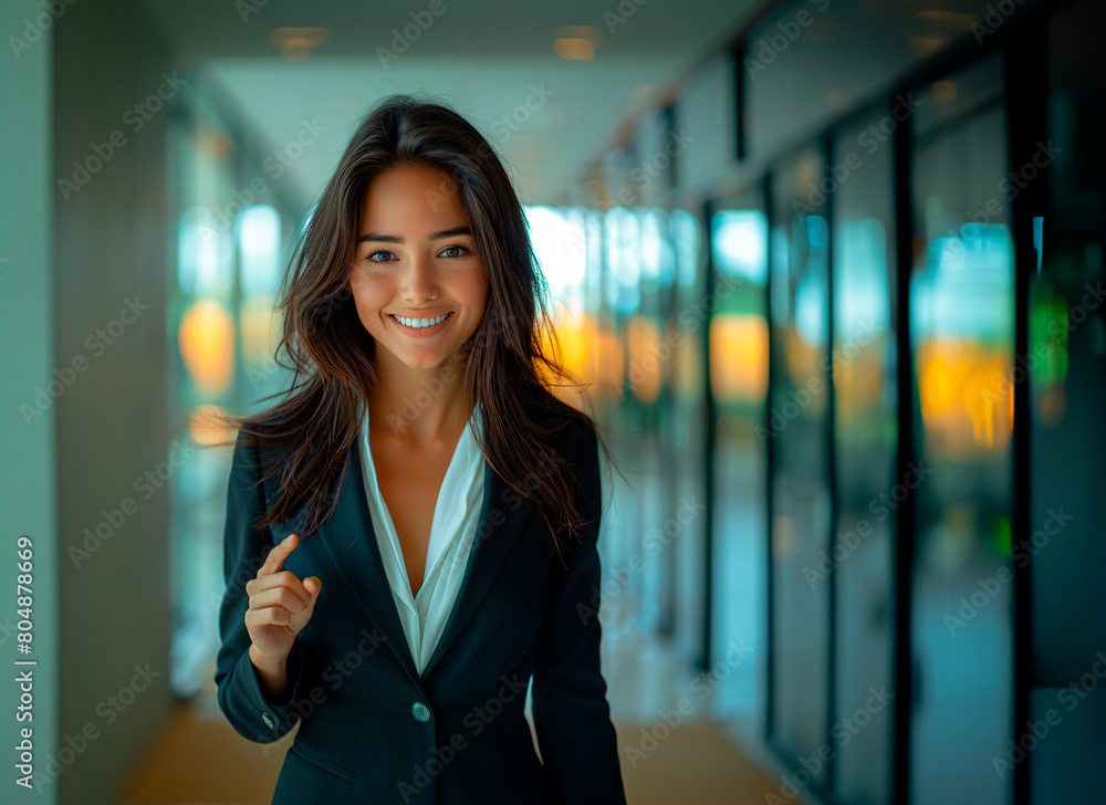 Wall mural latina businesswoman, pointing with her finger on a suit, she is in hallway. Confident Executive Direction