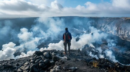 Obraz premium The image shows a man standing on a cliff overlooking a volcanic eruption