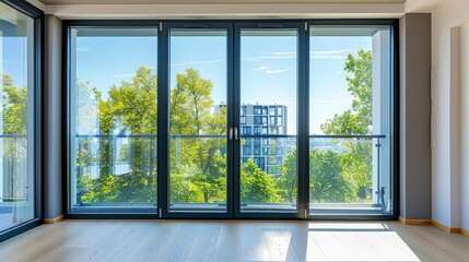 The image shows a modern living room with a large glass door that leads to a balcony
