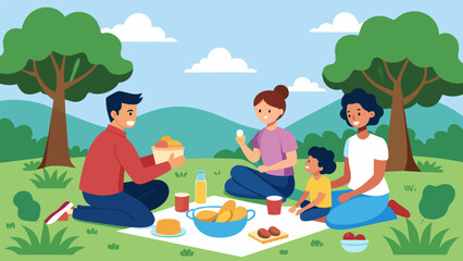 A family enjoying a picnic in the park utilizing social stories and roleplaying to prepare their neurodivergent child for potential challenges and. Vector illustration