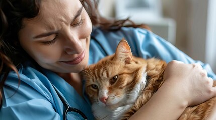 Veterinarian comforting a distressed pet owner, her expression a blend of empathy and professionalism, capturing the emotional aspects of animal care