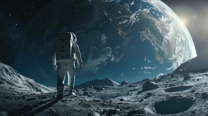 Space conquest and back to the moon race concept image with an astronaut walking on the moon and...