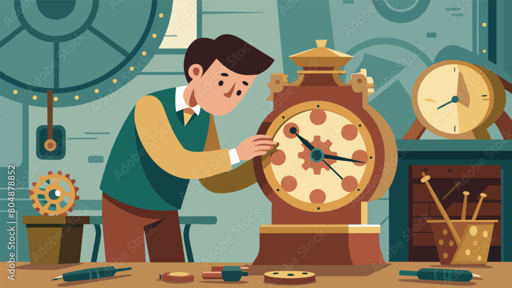 Poster in a cluttered workshop a restorer patiently works on a delicate french cartel clock carefully reass