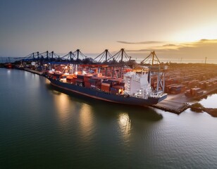 Obraz premium the image provides a stunning aerial view of a bustling cargo ship port, where massive vessels dock and unload their precious cargo.