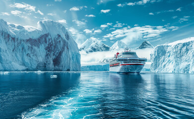 Cruise ship in majestic north seascape with ice glaciers in Canada or Antarctica