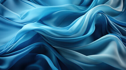 Fototapeta premium Heavenly Fluttering Blue Color Silk Fabric in Space With Delicate Folds on Focus on Foreground