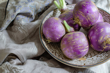 Purple turnips with visible roots, presented on an ornate ceramic plate amidst elegant, textured fabrics.