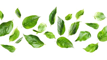 Flying green leaves isolated on white background. Generative Ai