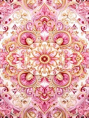 Pink and gold pattern with swirls, symmetrical design, mandala style, white background, pink colors