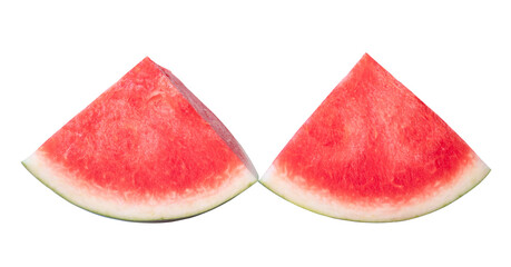 Front view of red watermelon slices or pieces isolated on white background with clipping path