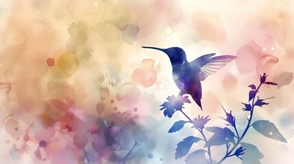 Delicate Hummingbird Silhouette Amidst Vibrant Watercolor Floral Blooms