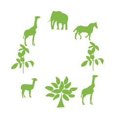 Silhouettes of trees and animals walking around