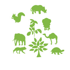 Silhouettes of trees and animals walking around