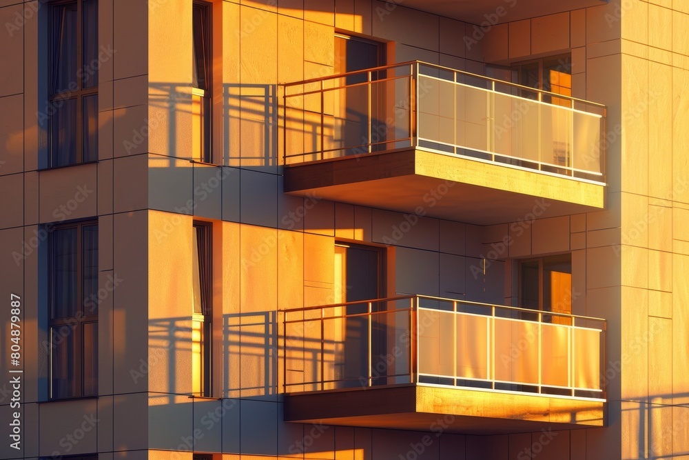 Poster a building with a lot of windows and a staircase
