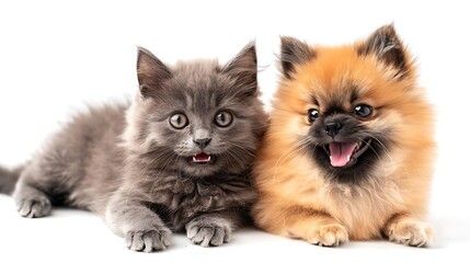 Obraz premium Funny gray kitten and smiling dog on white background. Lovely fluffy cat and puppy of pomeranian spitz. Generative Ai