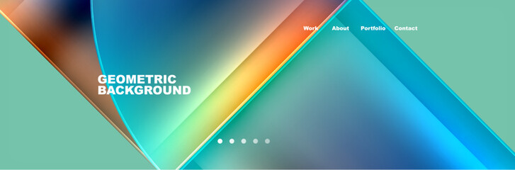 A geometric background featuring a rainbow of colors like Electric blue and Tints and shades, reminiscent of the sky and clouds. Rectangles and circles create a colorful horizon