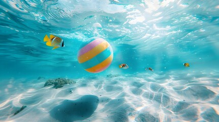 Vibrant Underwater Scene with Colorful Beach Ball and Tropical Fish Swimming in Clear Blue Ocean Waters