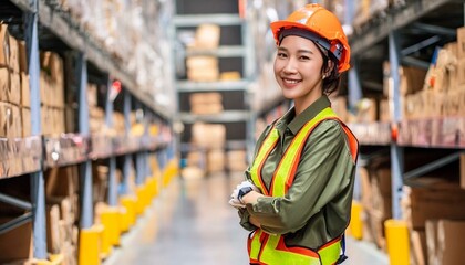 Fototapeta premium the worker is depicted amidst the organized chaos of a bustling warehouse, engaged in tasks such as inventory management, order fulfillment, or logistical operations.