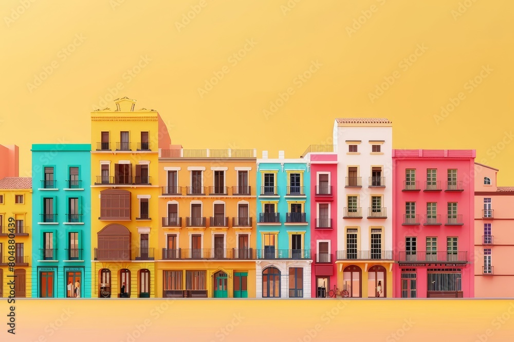 Poster a row of colorful buildings with balconies and a colorful sky in the background