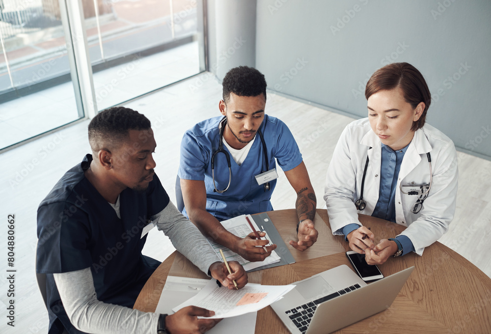 Sticker Doctor, nurse and teamwork in meeting with laptop, planning and research ideas for cancer in genetic mutation. Healthcare people or oncology students with online results or progress in clinical trial