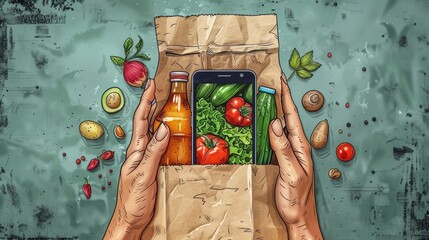 Modern illustration of a man holding a smartphone and paper bag with products drawn with contour lines on a green background. Delivered groceries or food delivery service. Modern modern illustration