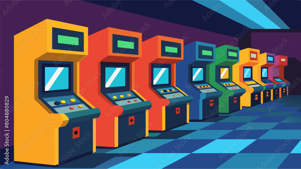 Aufkleber A wall lined with classic arcade cabinets each flashing its own unique design and beckoning players to try their luck.. Vector illustration