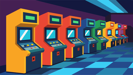 A wall lined with classic arcade cabinets each flashing its own unique design and beckoning players to try their luck.. Vector illustration