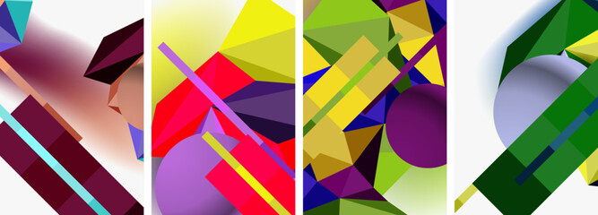 A vibrant collage of colorful geometric shapes including rectangles, triangles, and symmetrical designs in magenta tints and shades, creatively arranged on a white textile background