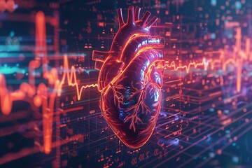 Human heart on a 3D illustration of an ECG graph. Generative Ai